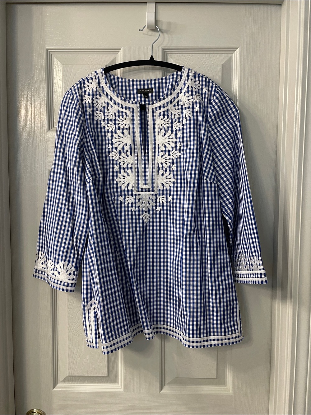 Talbots blue and white gingham tunic top